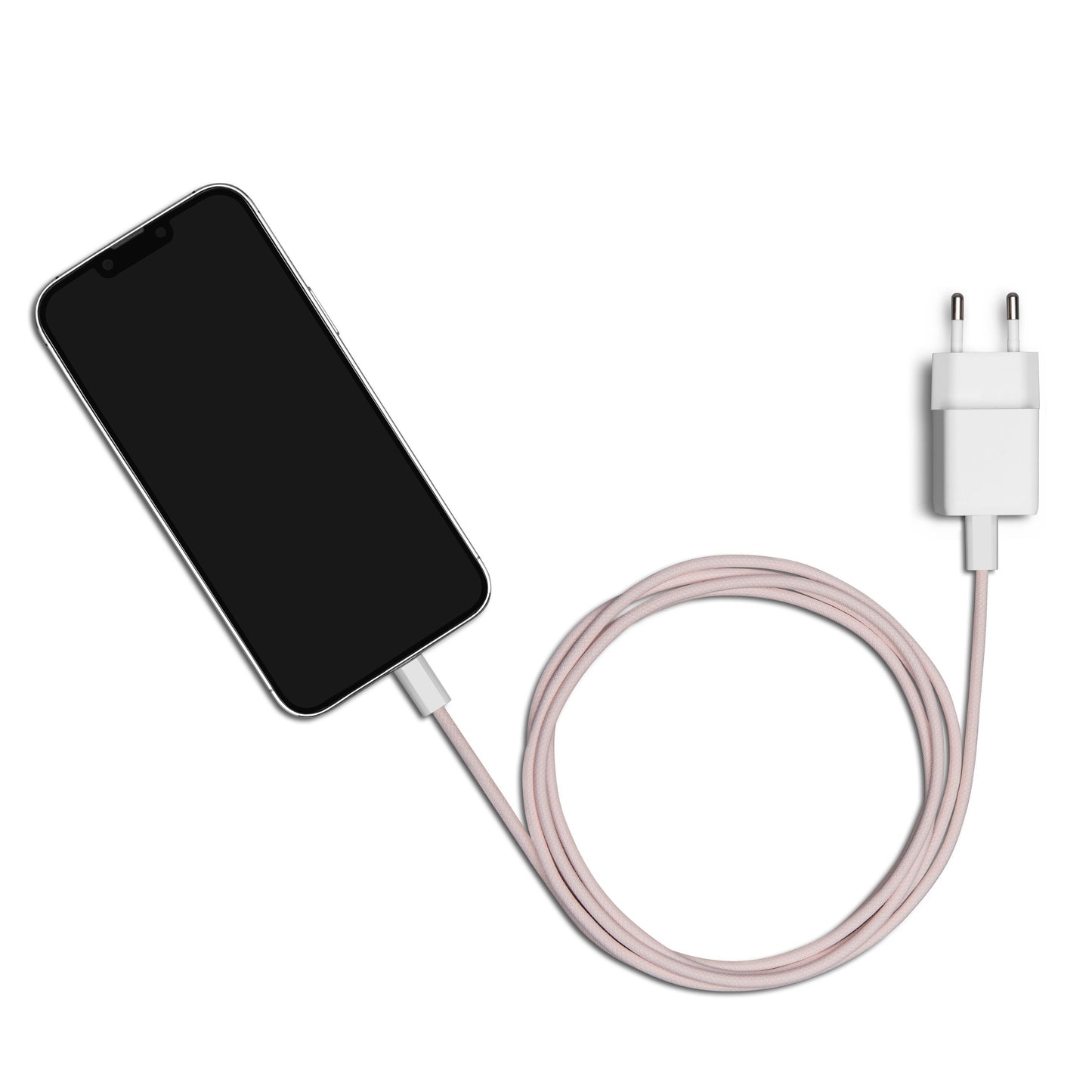 Smartphone tilsluttet flettet USB-C til Lightning-kabel MFi lyserød 1m og hvid vægadapter.