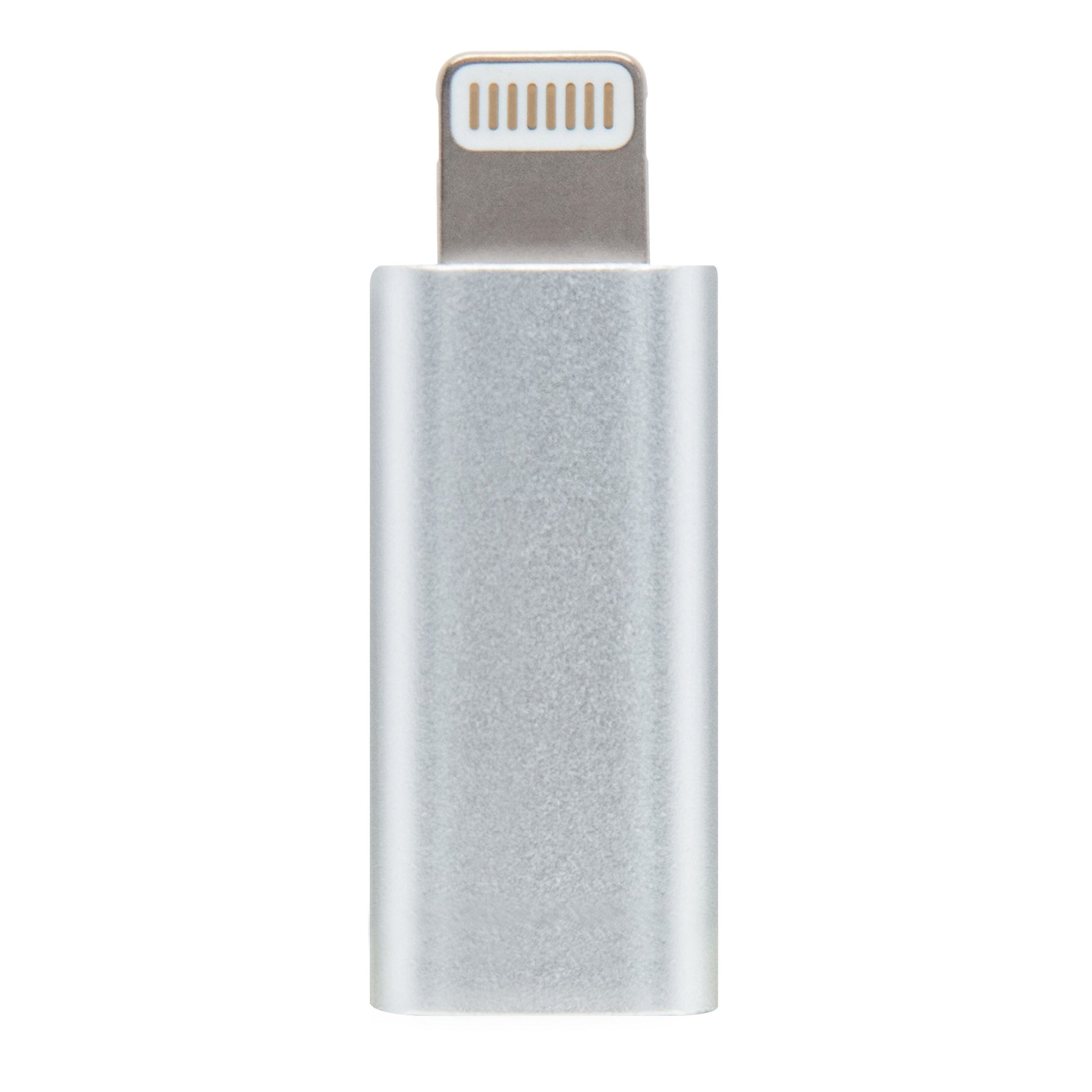 Linocell USB-C til Lightning-adapter sølv, lodret visning.