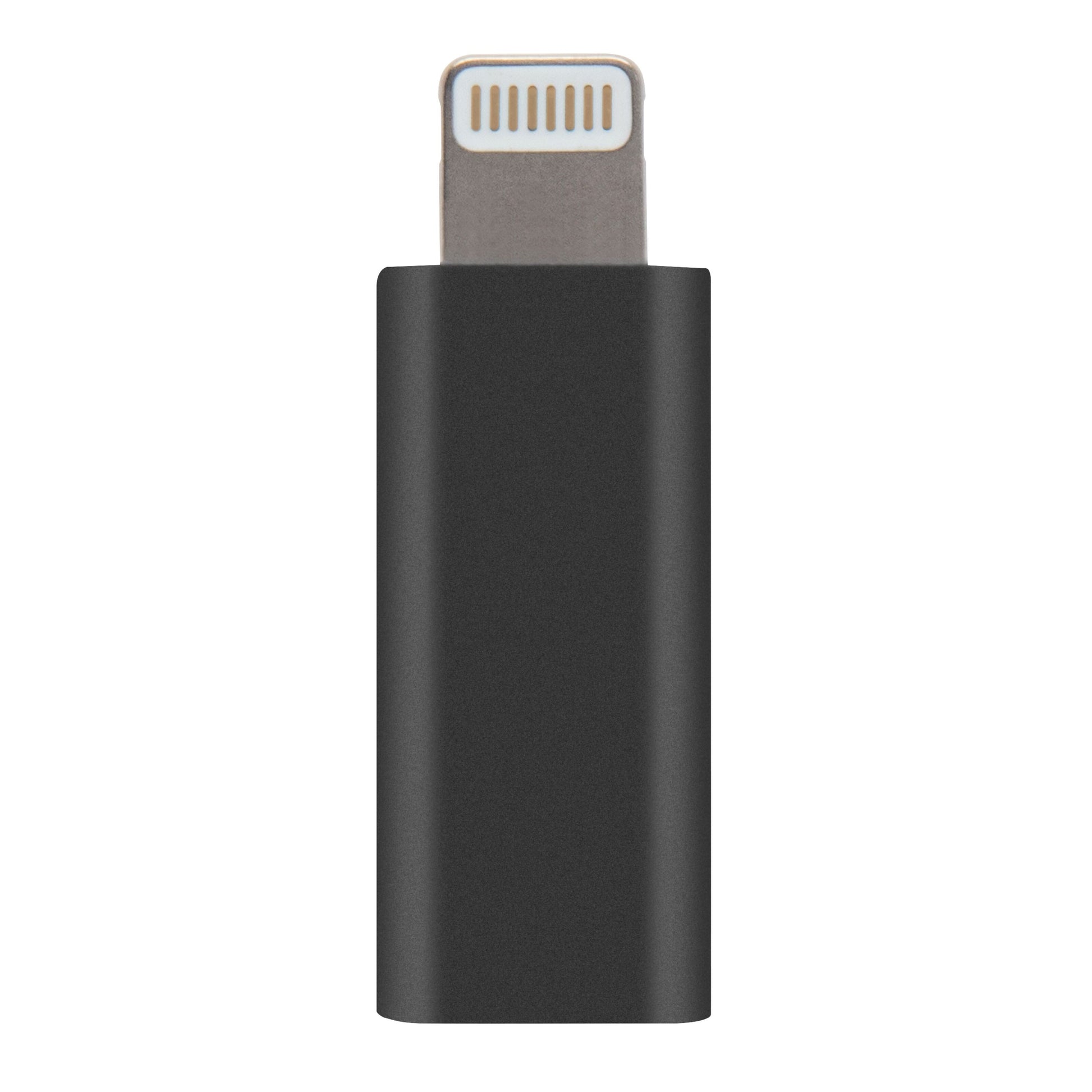 Linocell USB-C til Lightning-adapter, sort, MFi-certificeret, metallic stik, vises oprejst.