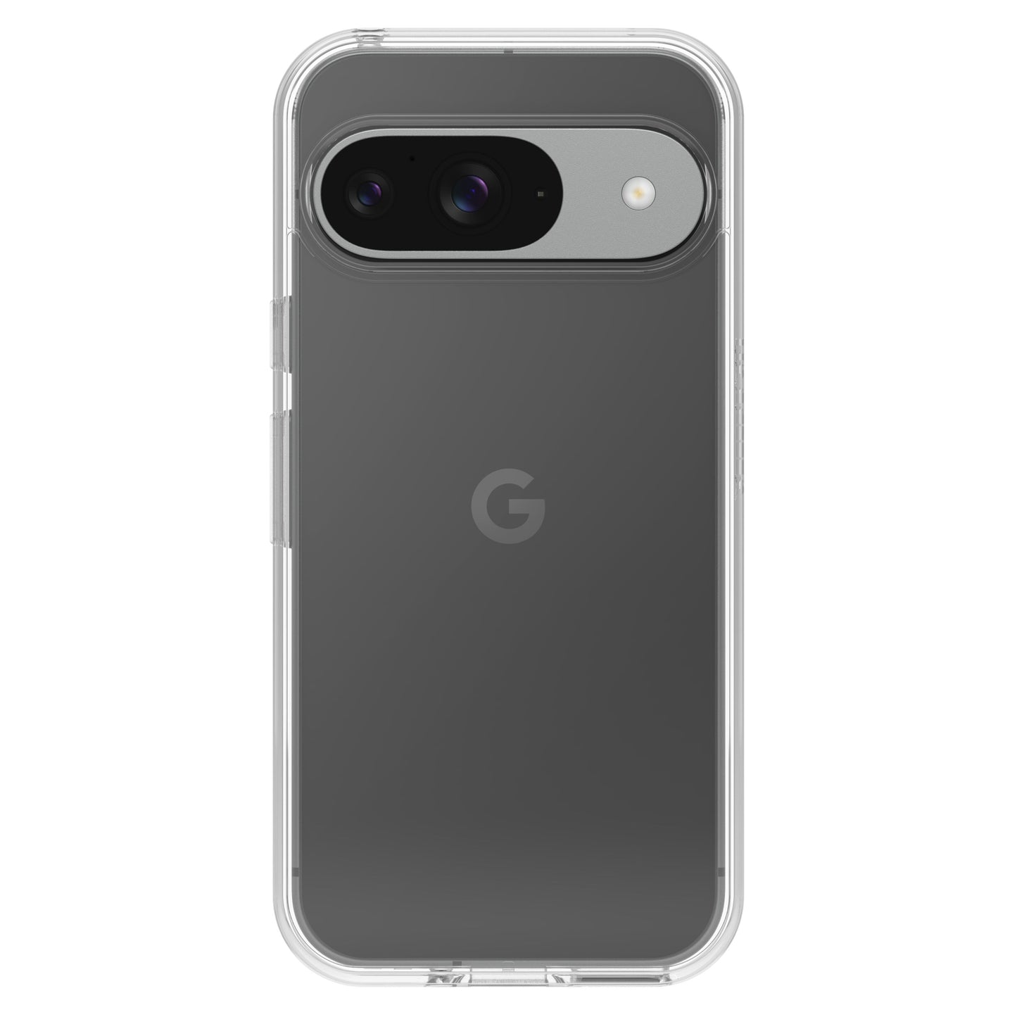 Google Pixel 9/9Pro grå i gennemsigtigt cover, horisontal dual-kamerabjælke og centreret G-logo bagpå.