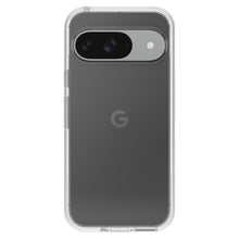 Google Pixel 9/9Pro grå i gennemsigtigt cover, horisontal dual-kamerabjælke og centreret G-logo bagpå.