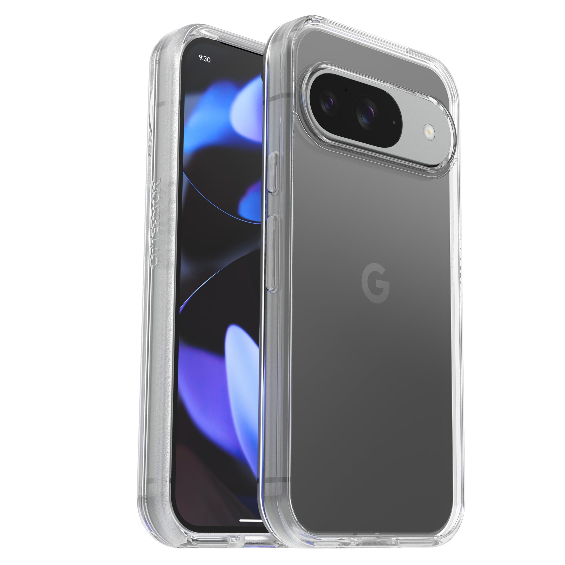 Otterbox Symmetry Clear cover til Pixel 9/9Pro på Google Pixel, vises bagfra og i vinkel med blå/sort abstrakt skærm.
