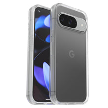 Otterbox Symmetry Clear cover til Pixel 9/9Pro på Google Pixel, vises bagfra og i vinkel med blå/sort abstrakt skærm.