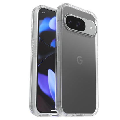 Otterbox Symmetry Clear cover til Pixel 9/9Pro på Google Pixel, vises bagfra og i vinkel med blå/sort abstrakt skærm.