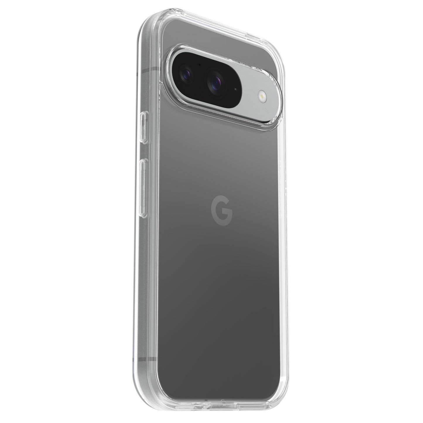 Symmetry Clear cover til Google Pixel 9/9Pro, synlige dual kameraer og G-logo, grå farve ses gennem gennemsigtigt design.
