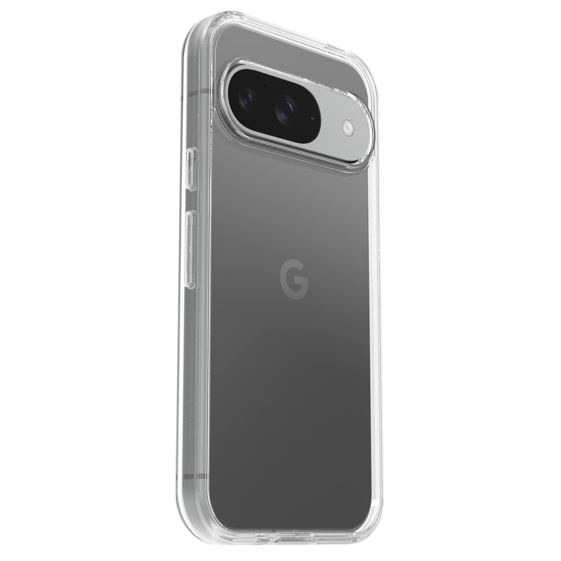 Symmetry Clear cover til Google Pixel 9/9Pro, synlige dual kameraer og G-logo, grå farve ses gennem gennemsigtigt design.