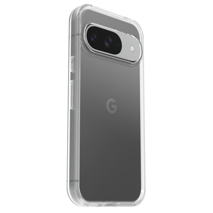 Symmetry Clear cover til Google Pixel 9/9Pro, synlige dual kameraer og G-logo, grå farve ses gennem gennemsigtigt design.