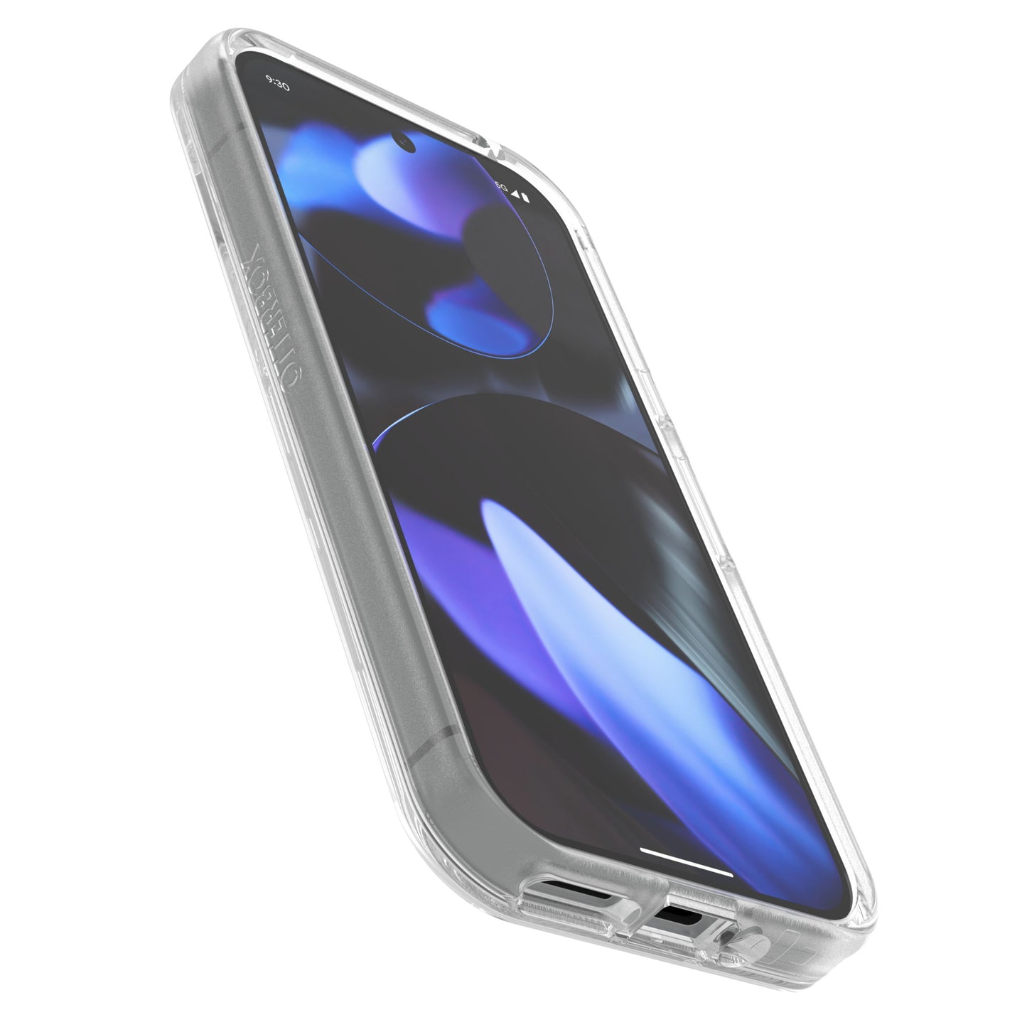 Google Pixel 9/9 Pro med gennemsigtigt Otterbox Symmetry Clear cover, buet skærm, blå-sort wallpaper, knapper og opladerport.
