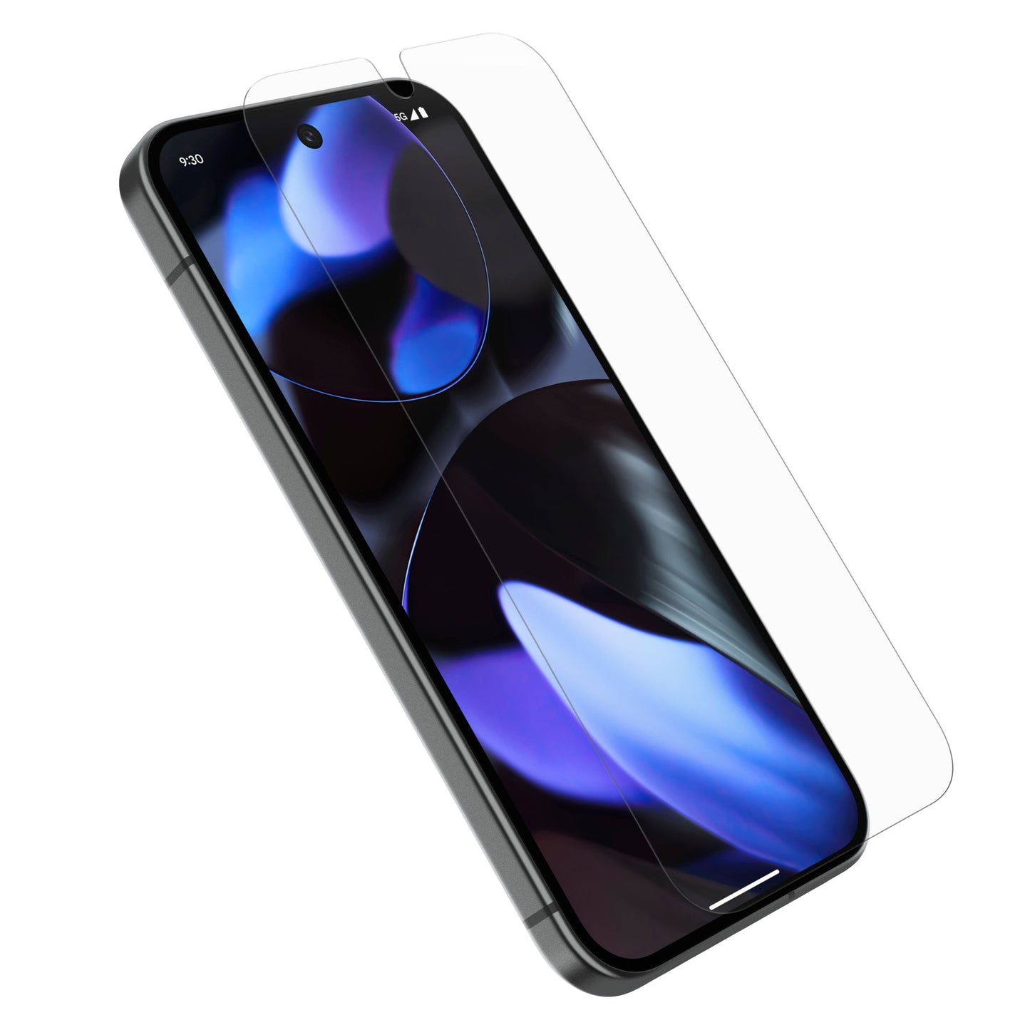 Pixel 9/9Pro med blå-lilla tapet, delvist påført Otterbox Premium Glas skærmbeskyttelse.