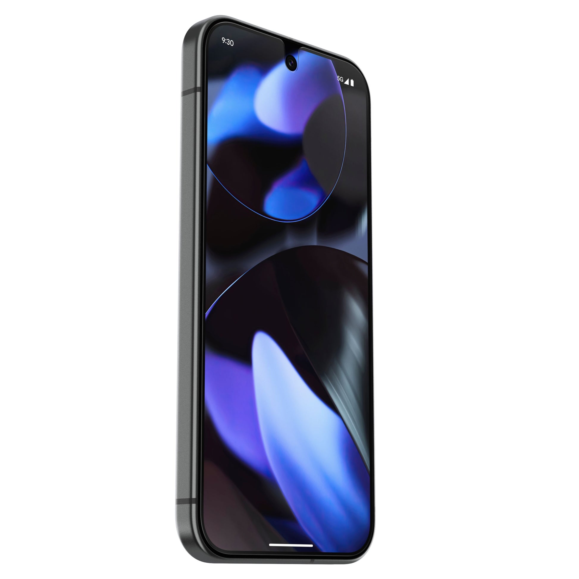Pixel 9/9Pro smartphone i slankt design, abstrakt baggrund, centreret frontkamera, Otterbox Premium Glas skærmbeskyttelse.