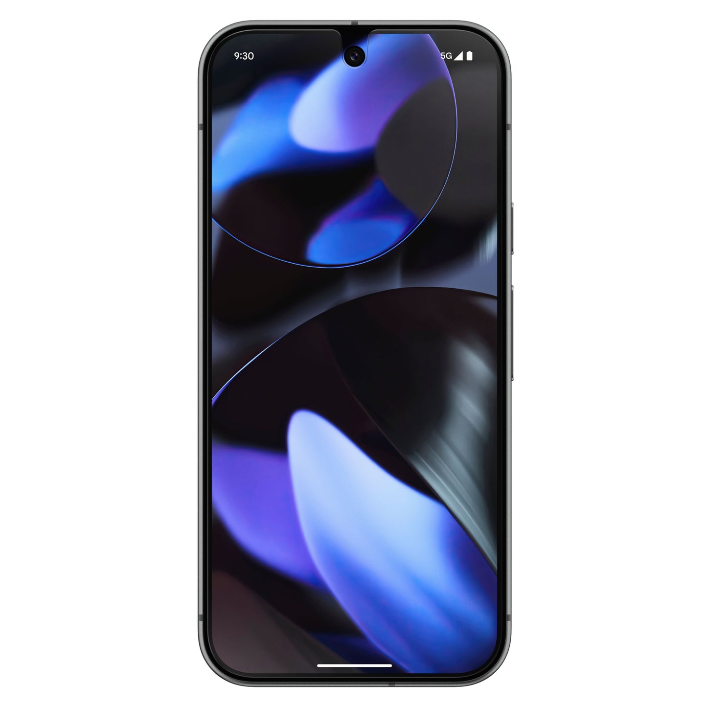 Google Pixel 9/9 Pro med mørkblåt og lilla abstrakt tapet, centreret frontkamera, Otterbox Premium Glas beskyttelse.