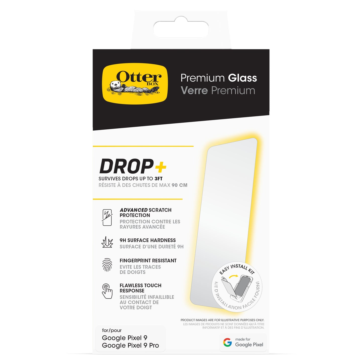 Otterbox Premium Glas skærmbeskyttelse til Pixel 9/9Pro med ridsebeskyttelse, høj hårdhed og nem installationsfane.