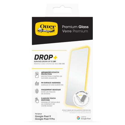 Otterbox Premium Glas skærmbeskyttelse til Pixel 9/9Pro med ridsebeskyttelse, høj hårdhed og nem installationsfane.