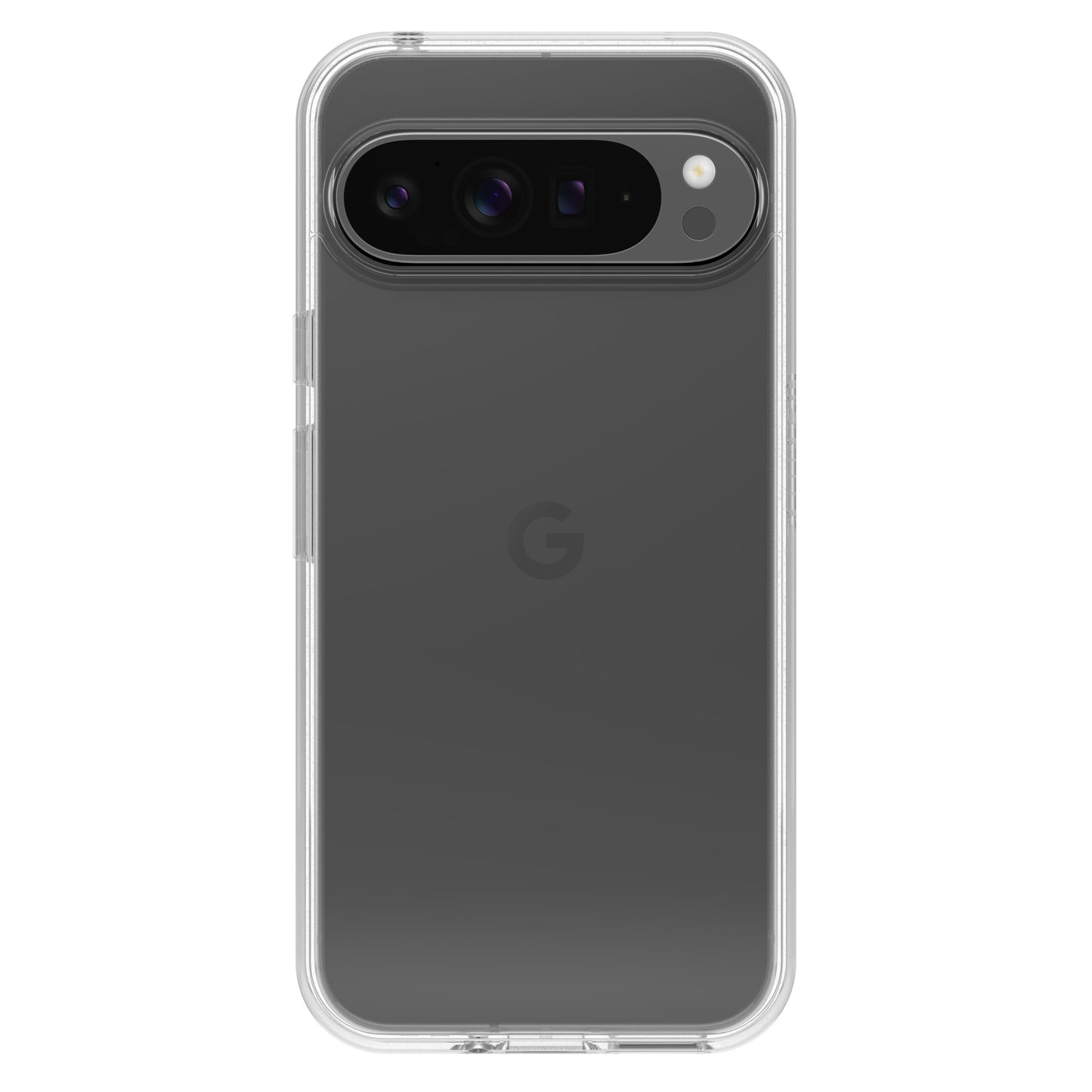Otterbox Symmetry Clear cover til Pixel 9 Pro XL, gennemsigtig med synligt gråt design, G-logo og vandret kamerabjælke.