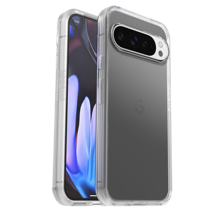 Otterbox Symmetry Clear cover til Pixel 9 Pro XL med synligt kamera, Google-logo og farverigt tapet.