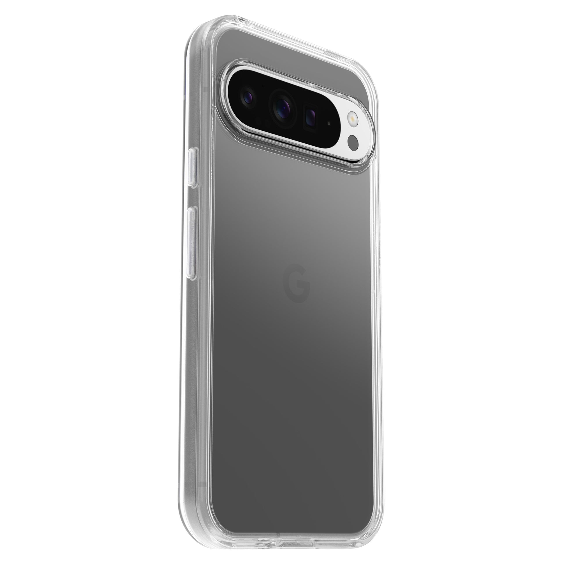 Otterbox Symmetry Clear cover til grå Google Pixel 9 Pro XL med DROP+ beskyttelse, vandret triple kamera og G-logo.