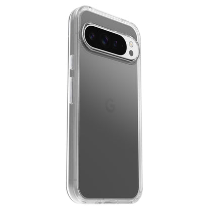 Otterbox Symmetry Clear cover til grå Google Pixel 9 Pro XL med DROP+ beskyttelse, vandret triple kamera og G-logo.