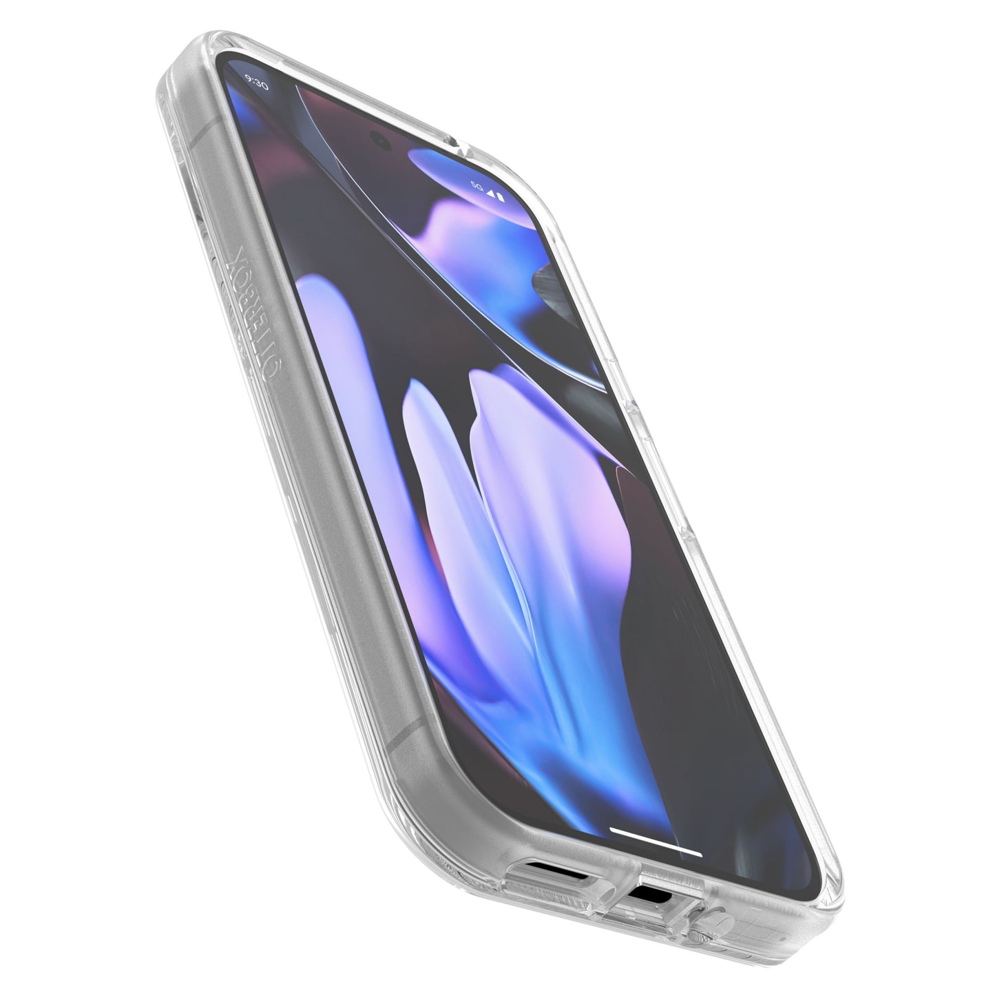 Otterbox Symmetry Clear cover til Pixel 9 Pro XL, blå-lilla abstrakt baggrund, lav vinkel med bundkant og ladeport.