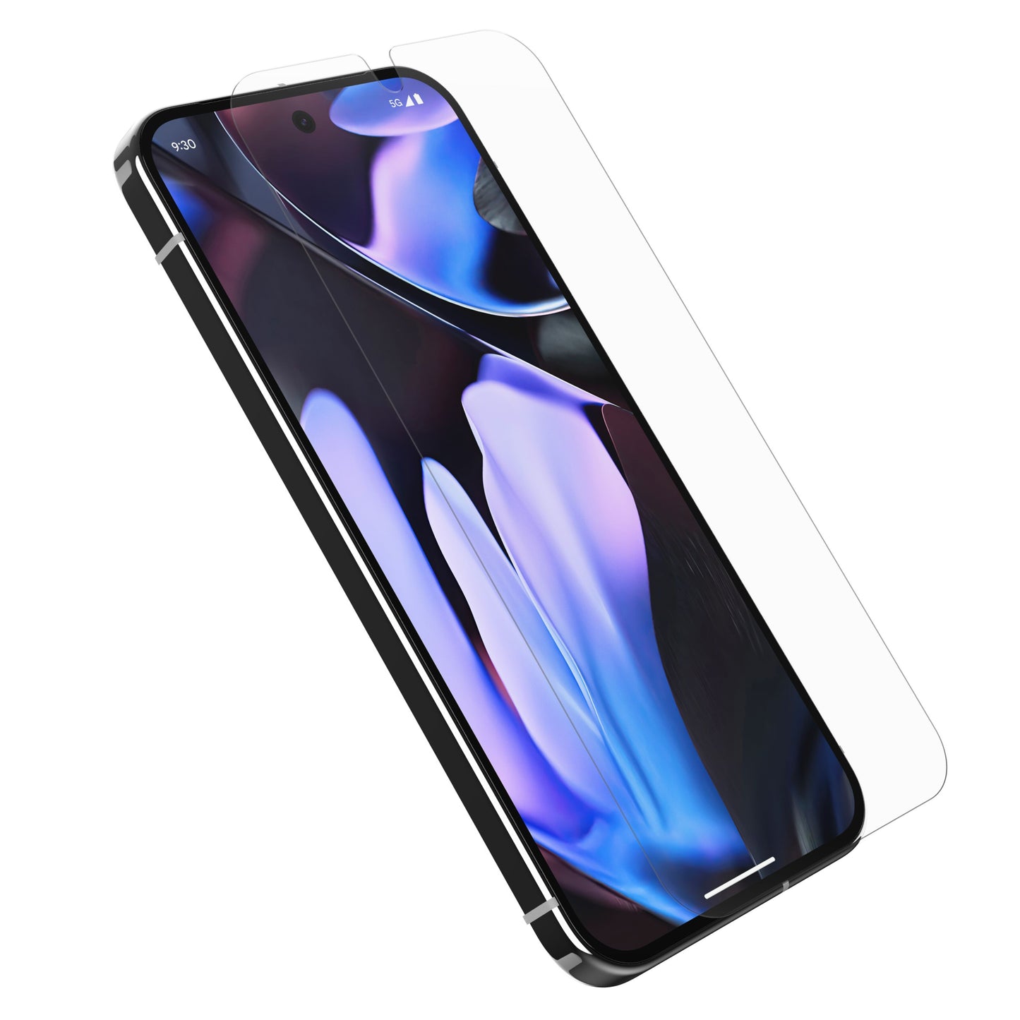 Pixel 9 Pro XL med farverigt tapet, Otterbox Premium Glas til Pixel 9 Pro XL delvist justeret over skærmen.