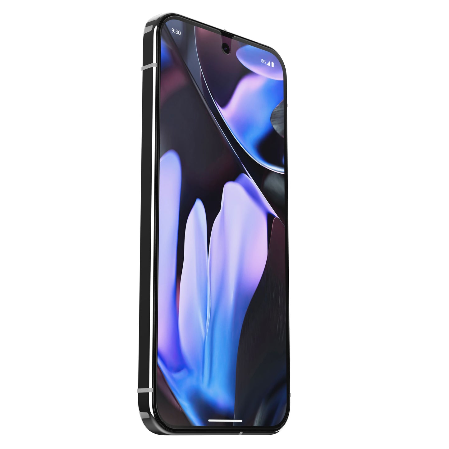 Otterbox Premium Glas til Google Pixel 9 Pro XL sort set forfra i vinkel med blå/lilla blomstret tapet på skærmen.