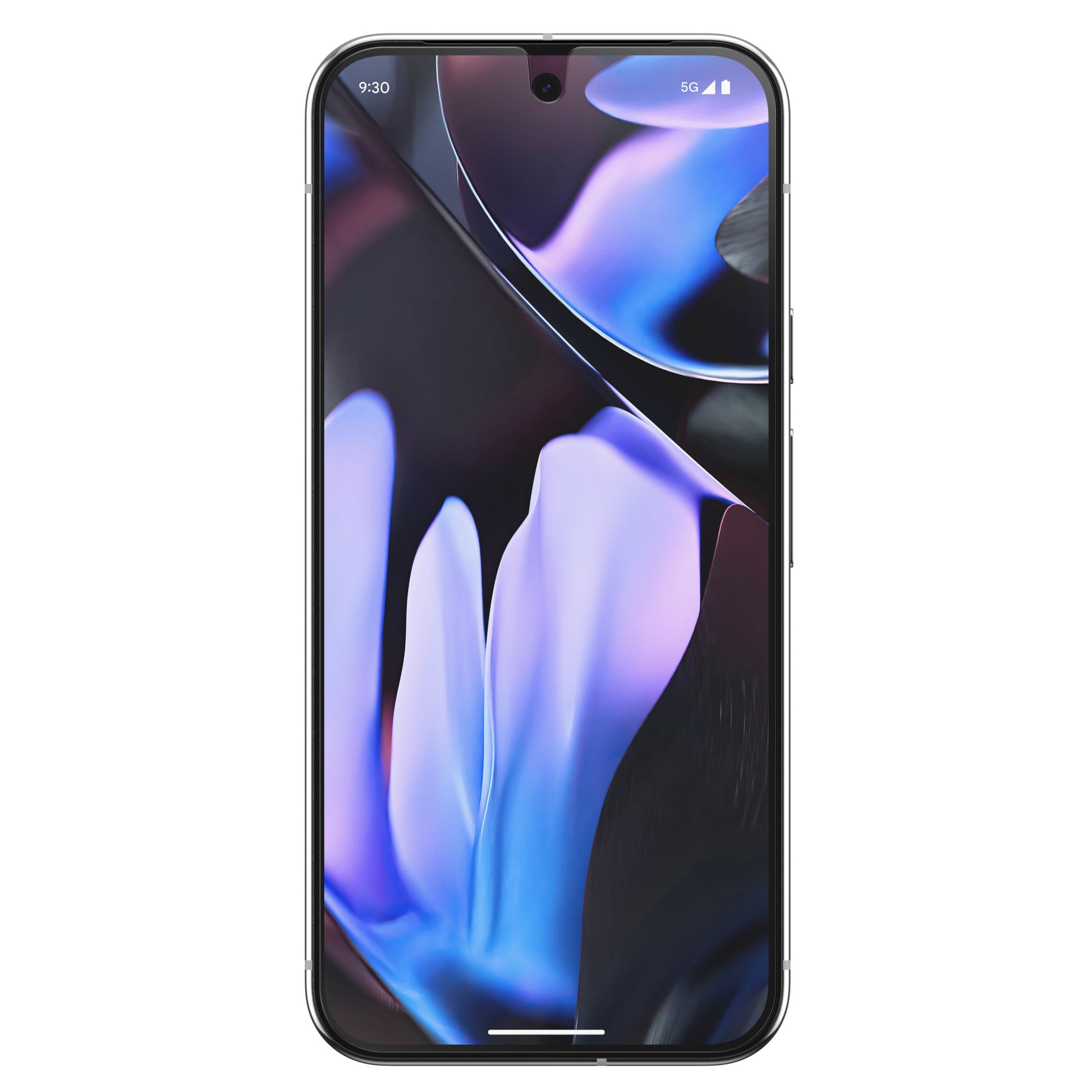 Google Pixel 9 Pro XL med blå-lilla abstrakt baggrund, 9:30, 5G, beskyttet af Otterbox Premium Glas Pixel 9 Pro XL.