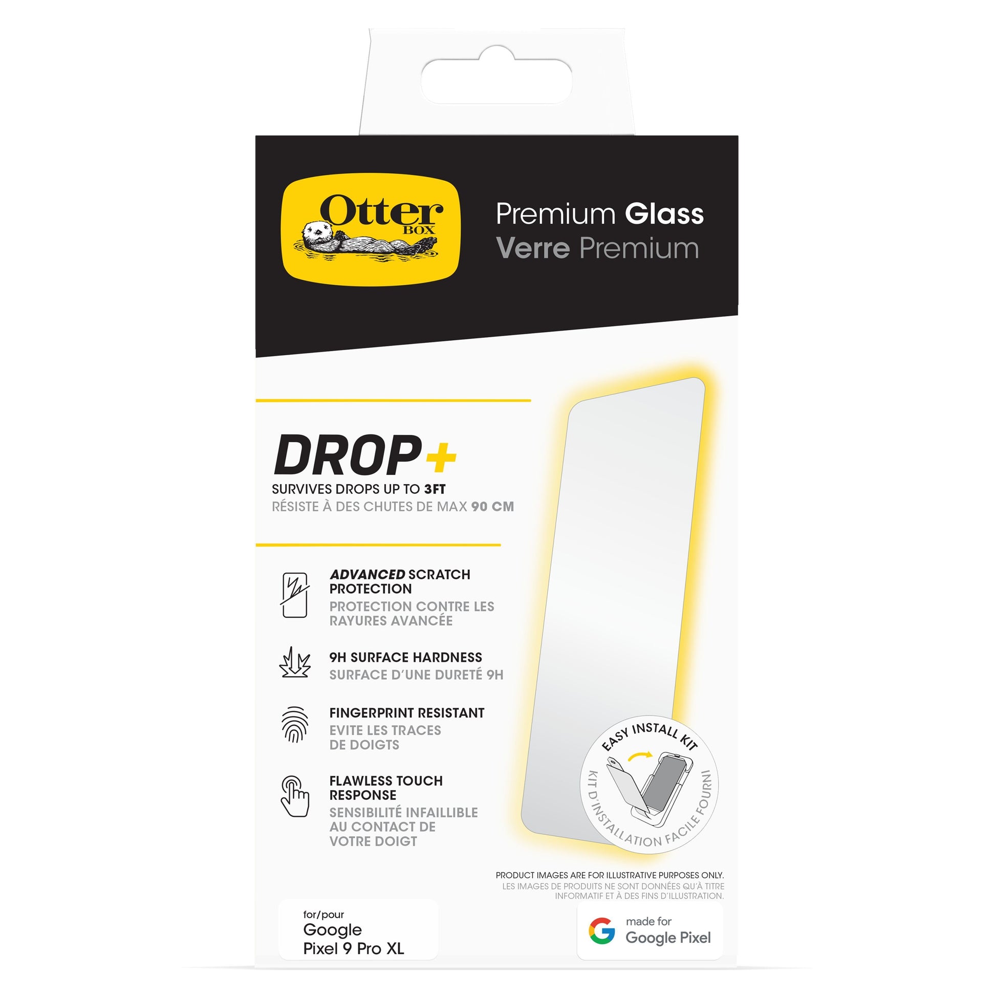 Otterbox Premium Glas til Pixel 9 Pro XL med DROP+ beskyttelse, ridsefast 9H hærdning og fingeraftryksafvisning.
