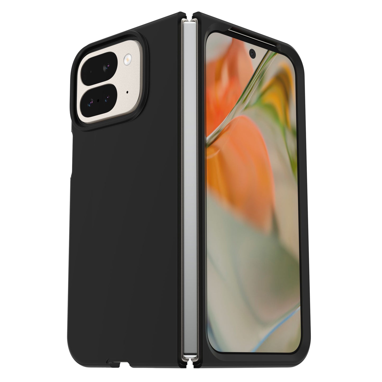 Otterbox Thin Flex 9 Pro Fold sort mobilcover delvist åbent med synlige bagkameraer og lys abstrakt forsidebaggrund.
