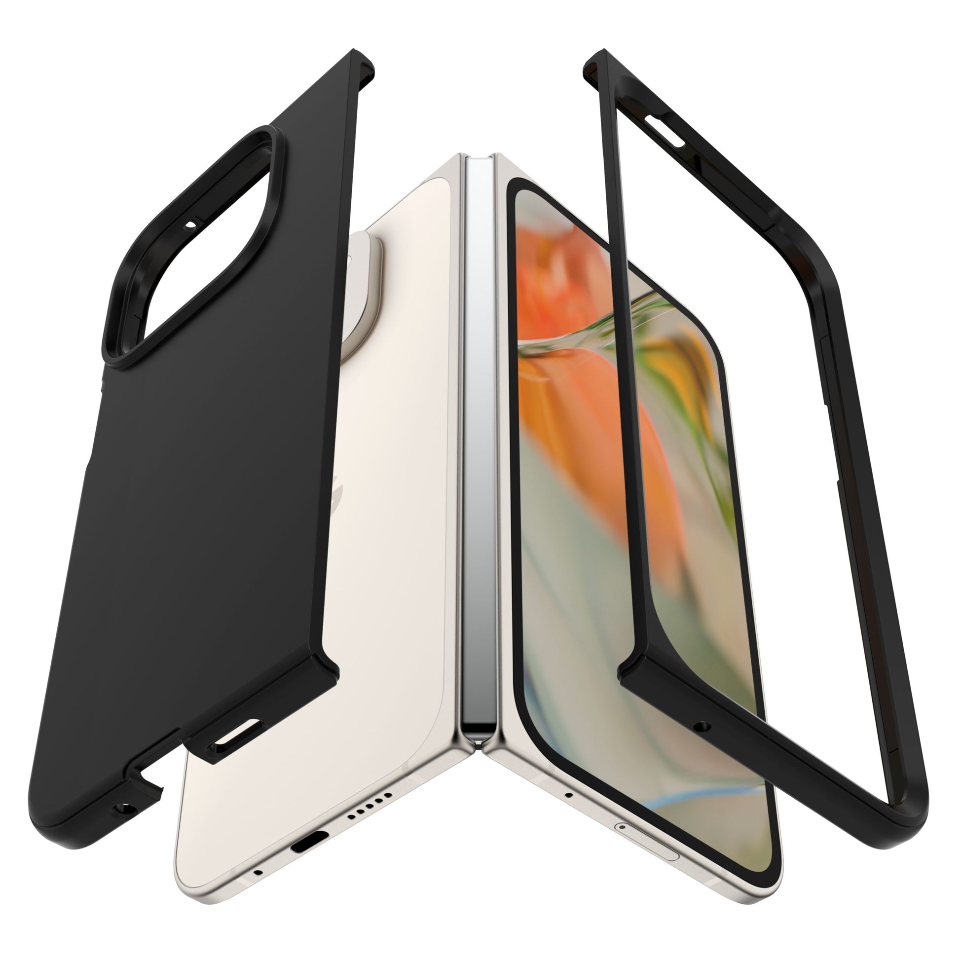 Otterbox Thin Flex 9 Pro Fold cover sort til Google Pixel 9 Pro Fold, viser til telefoner delvist i cover, skærme udad.