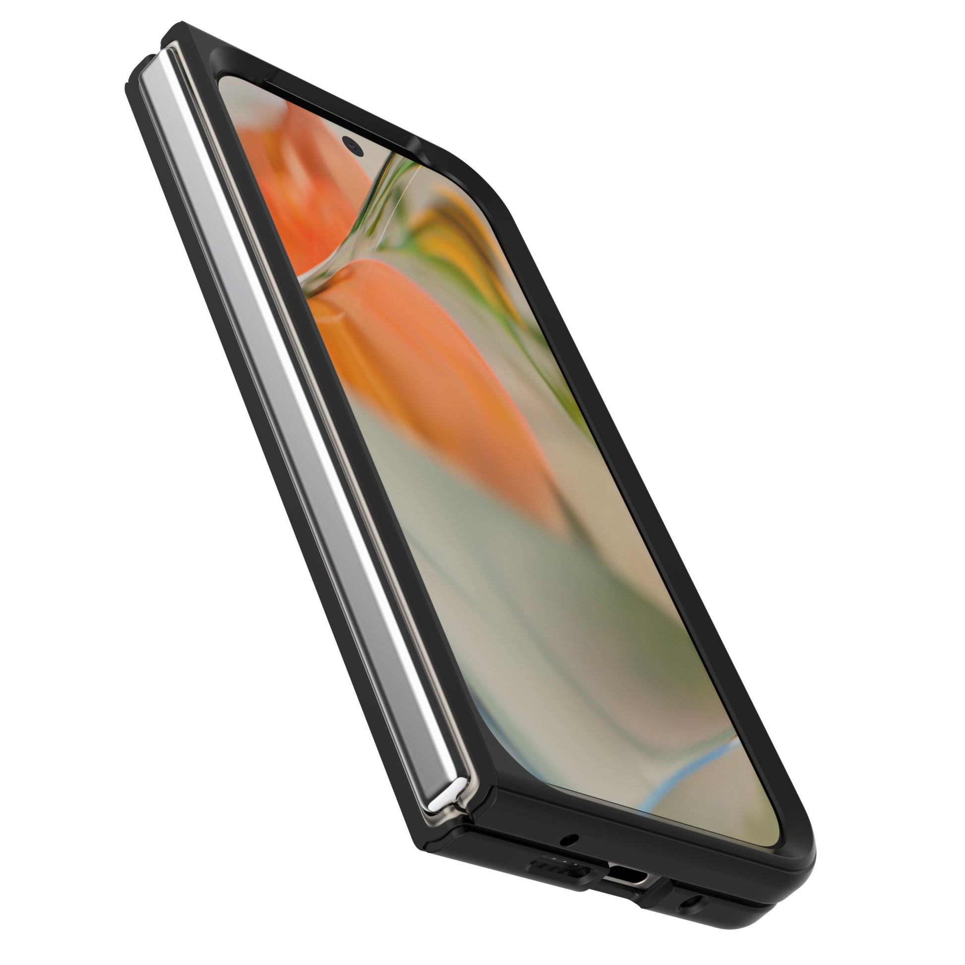 Foldbar smartphone delvist åben med Otterbox Thin Flex 9 Pro Fold mobilcover i sort, viser skærmen frem.