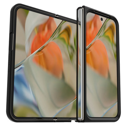 Samsung foldbar smartphone delvist åben med abstrakt skærmbillede i sort Thin Flex 9 Pro Fold cover, synlig hængsel.