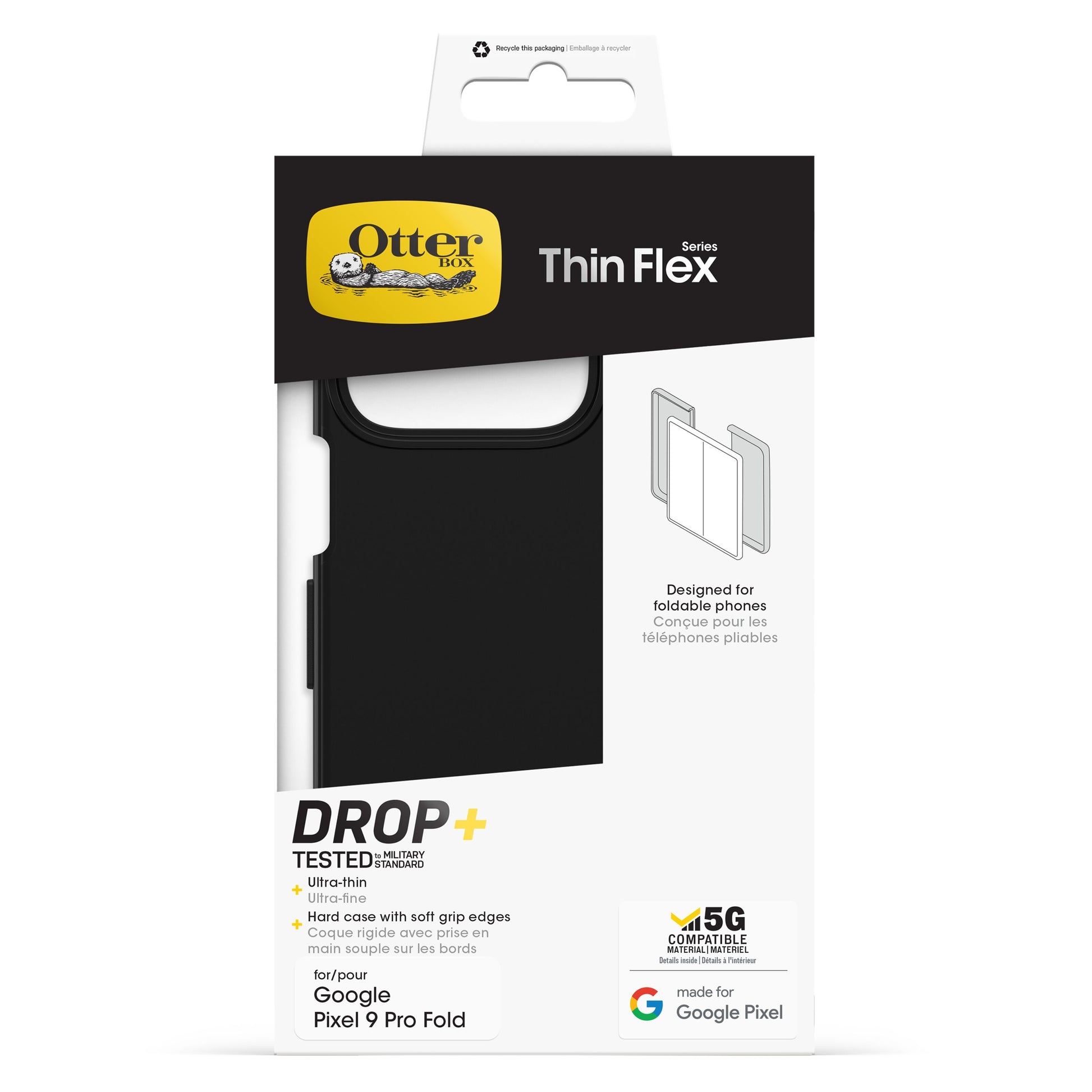 Otterbox Thin Flex 9 Pro Fold cover sort, DROP+ beskyttelse, 5G kompatibel, ultra-tynd med grip kanter til Google Pixel 9 Pro Fold.