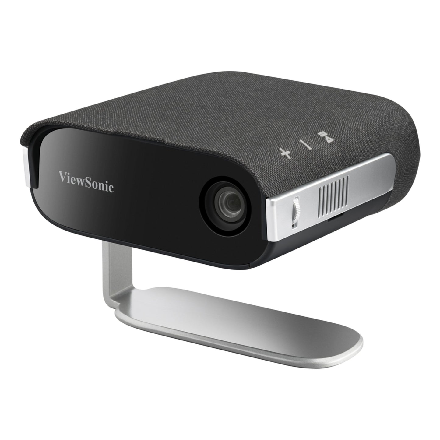 ViewSonic M1XG bærbar sort LED-projektor med Harman Kardon-højttalere, stoftekstur, frontlinse, sideventiler, 360° stativ.
