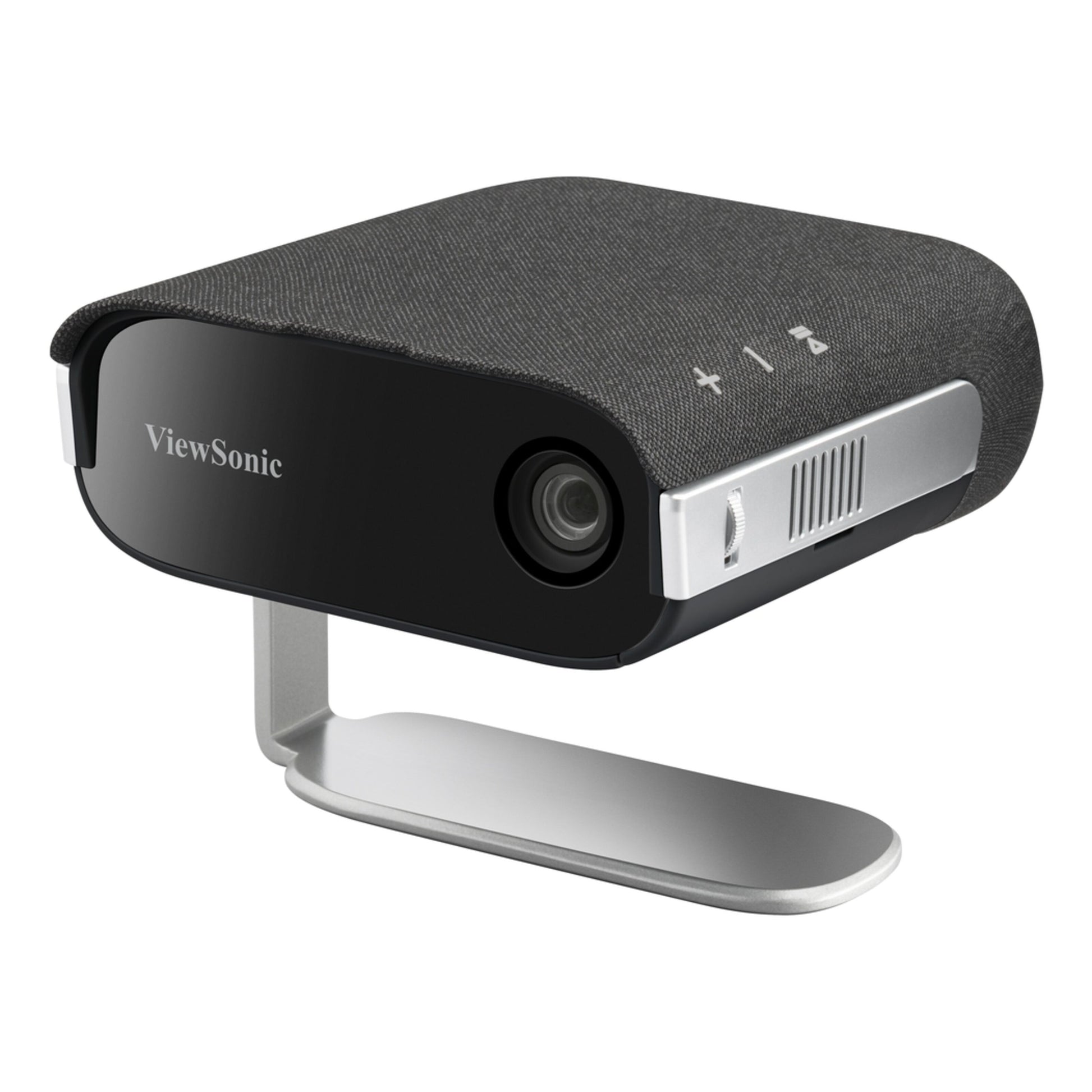 ViewSonic M1XG bærbar sort LED-projektor med Harman Kardon-højttalere, stoftekstur, frontlinse, sideventiler, 360° stativ.