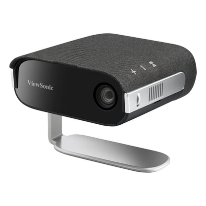 ViewSonic M1XG bærbar sort LED-projektor med Harman Kardon-højttalere, stoftekstur, frontlinse, sideventiler, 360° stativ.