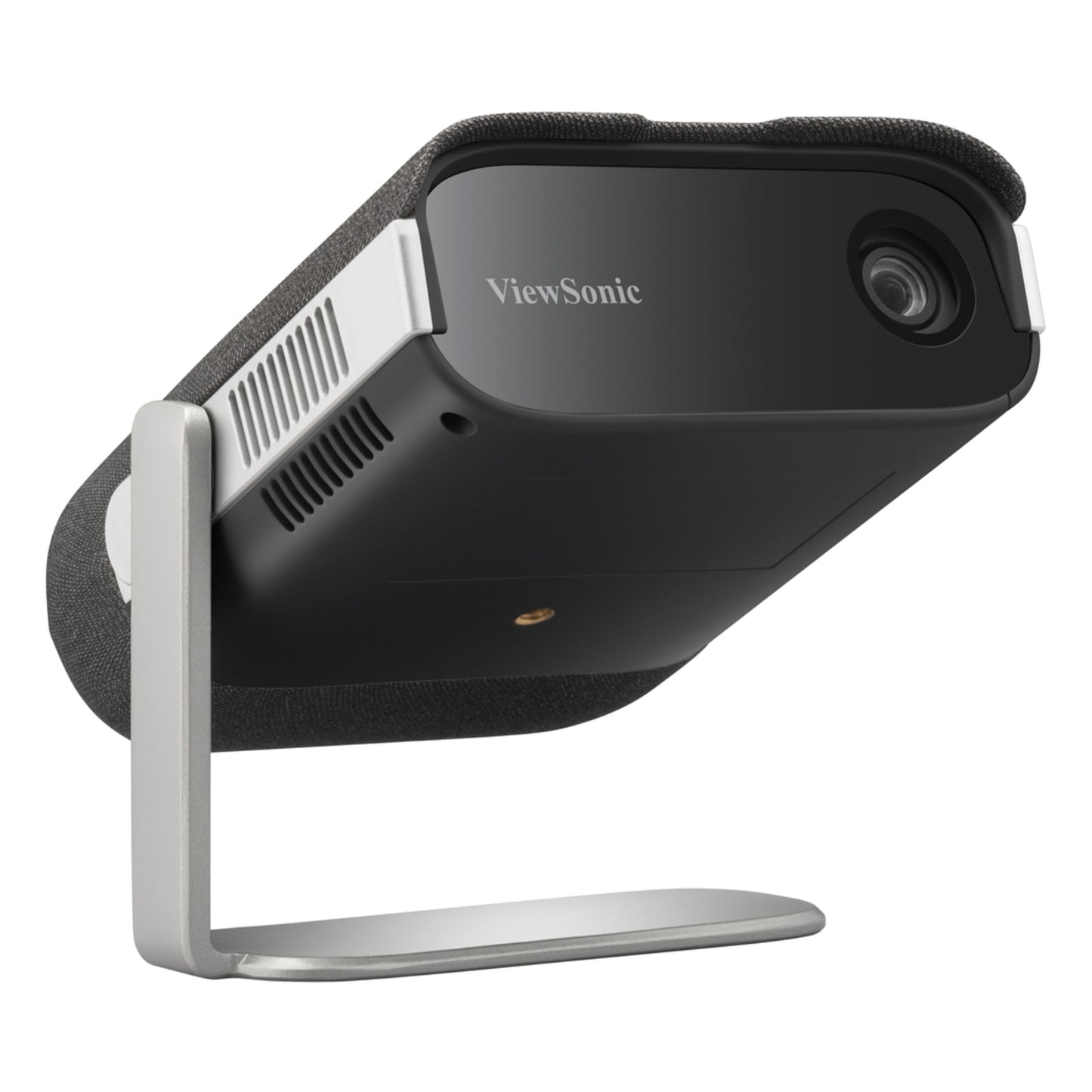 Viewsonic M1XG bærbar projektor med Harman Kardon-højttalere på sort-sølv 360° stativ set fra lav vinkel.