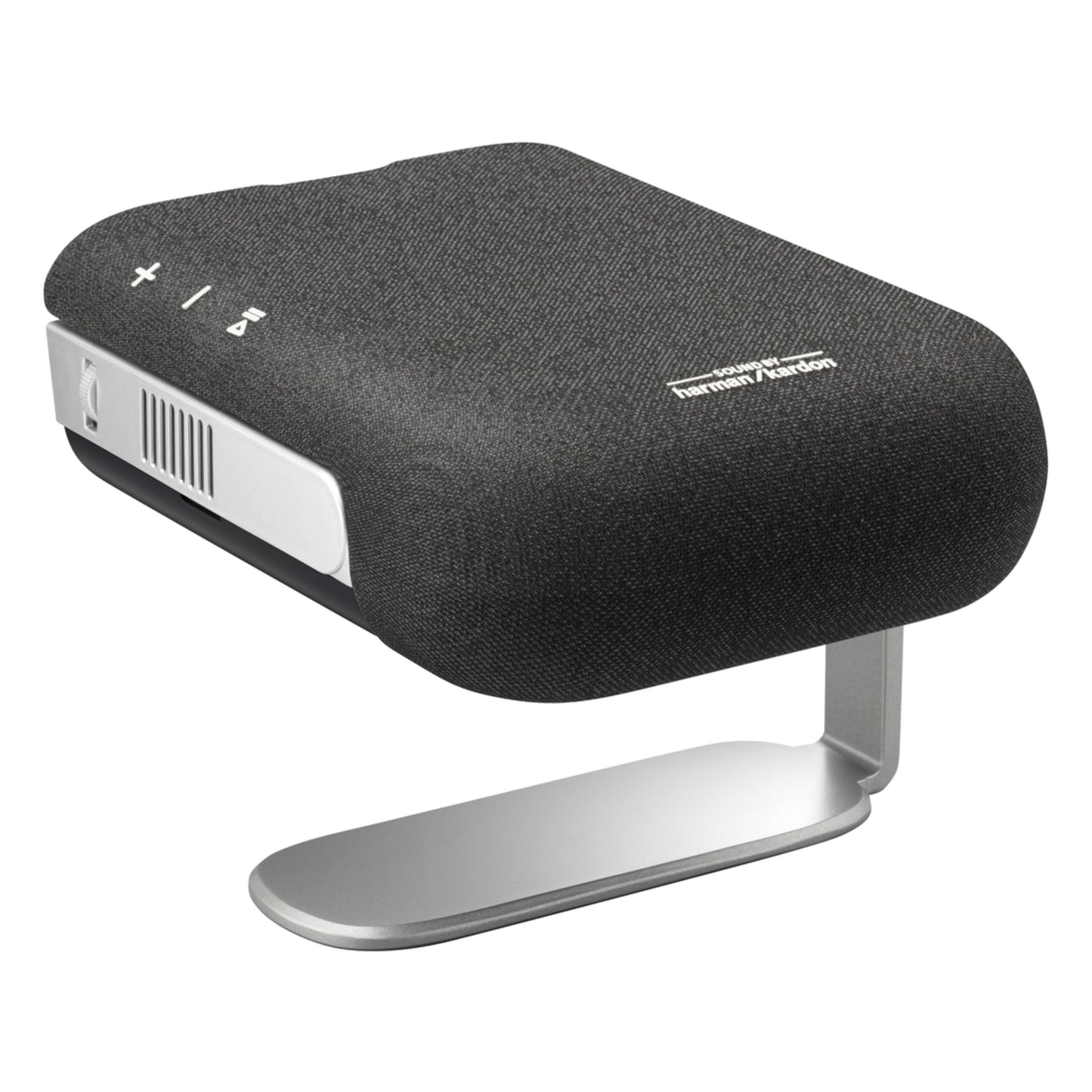 ViewSonic M1XG bærbar projektor med Harman Kardon-højttalere på sølvfarvet 360° stativ, knapper øverst.