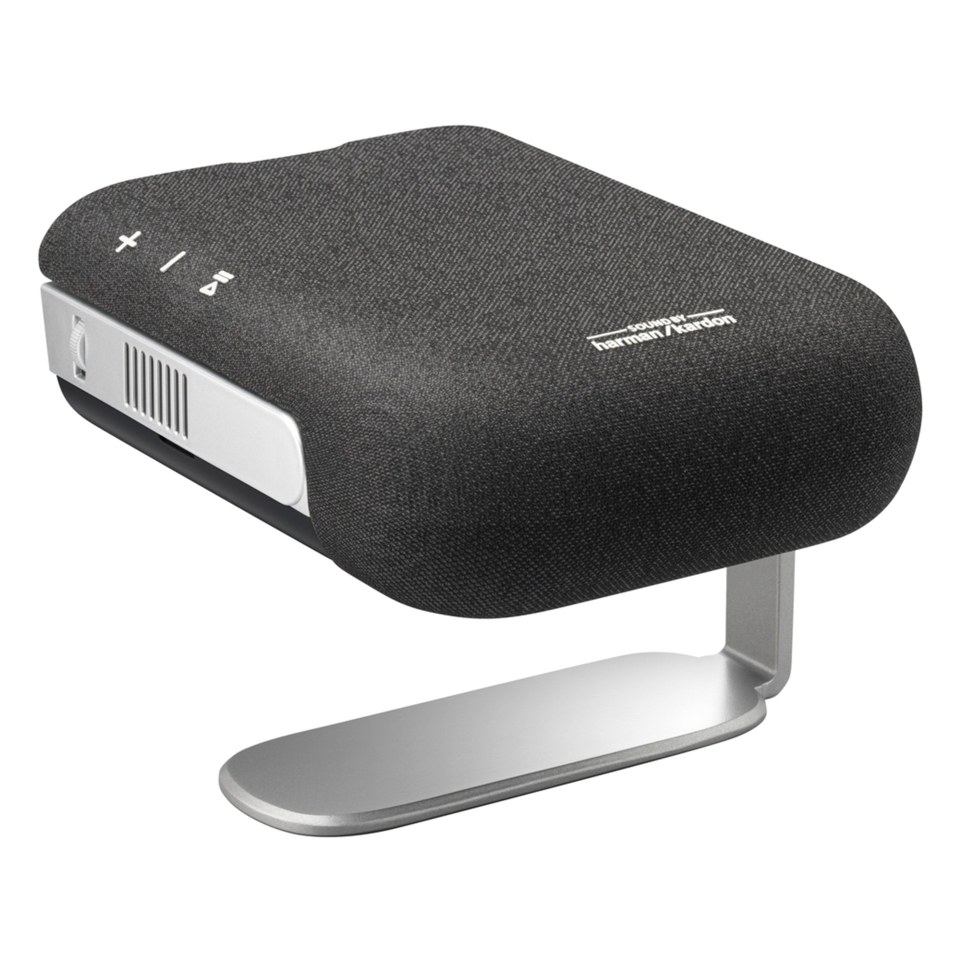 ViewSonic M1XG bærbar projektor med Harman Kardon-højttalere på sølvfarvet 360° stativ, knapper øverst.