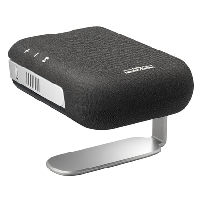 ViewSonic M1XG bærbar projektor med Harman Kardon-højttalere på sølvfarvet 360° stativ, knapper øverst.