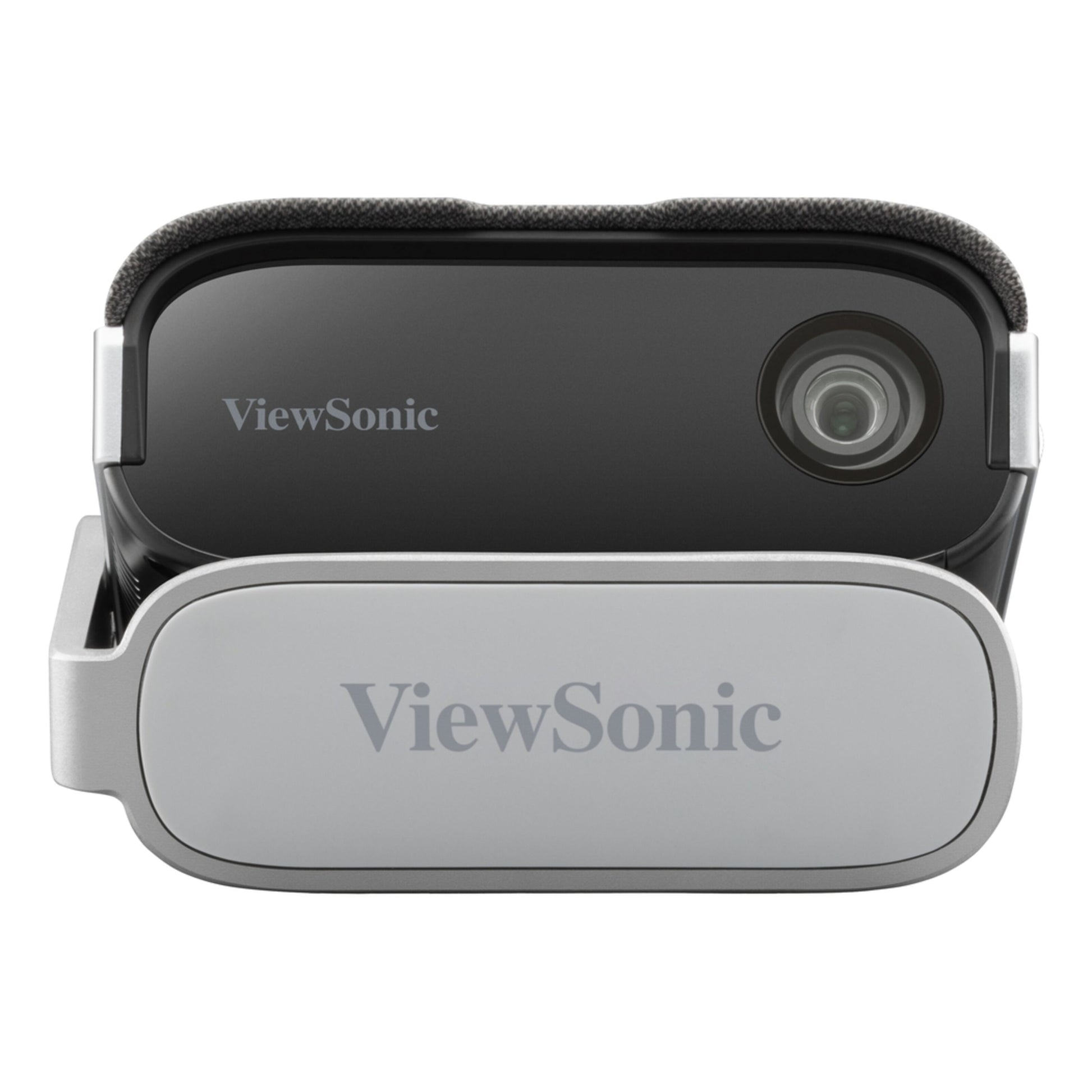 ViewSonic M1XG kompakt bærbar projektor i grå og sort med ViewSonic-logo og Harman Kardon-højttalere.