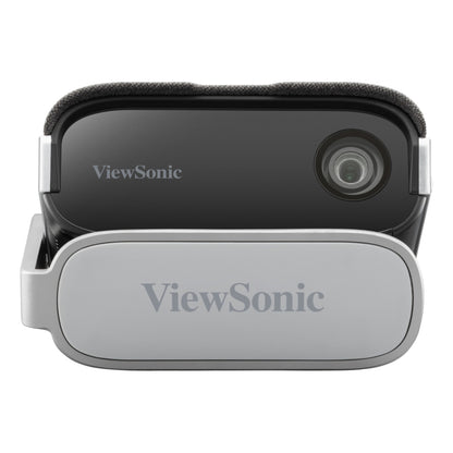 ViewSonic M1XG kompakt bærbar projektor i grå og sort med ViewSonic-logo og Harman Kardon-højttalere.