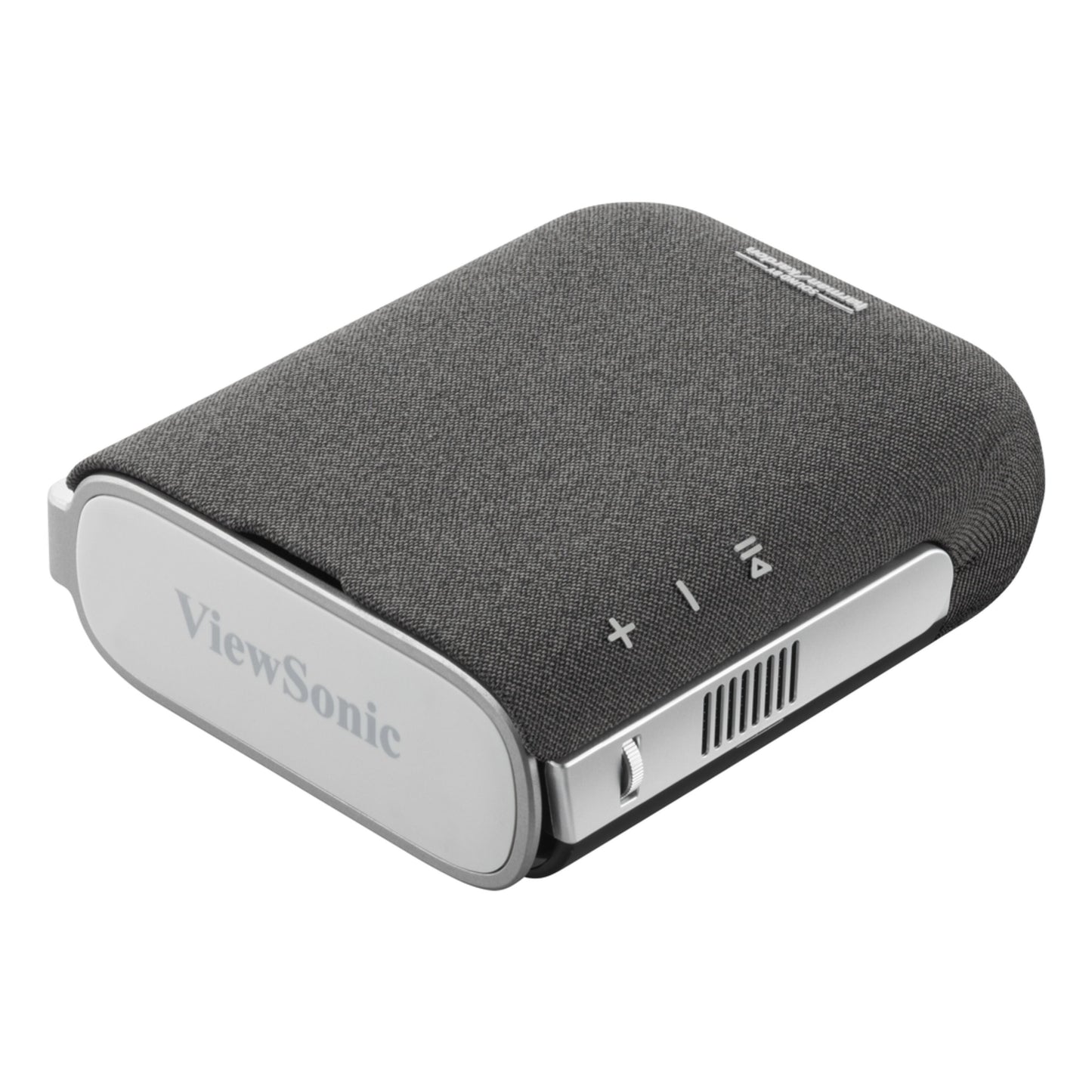ViewSonic M1XG bærbar projektor med Harman Kardon-højttalere, 360° stativ, mørkegrå stof, sølvdetaljer, logo på fronten.
