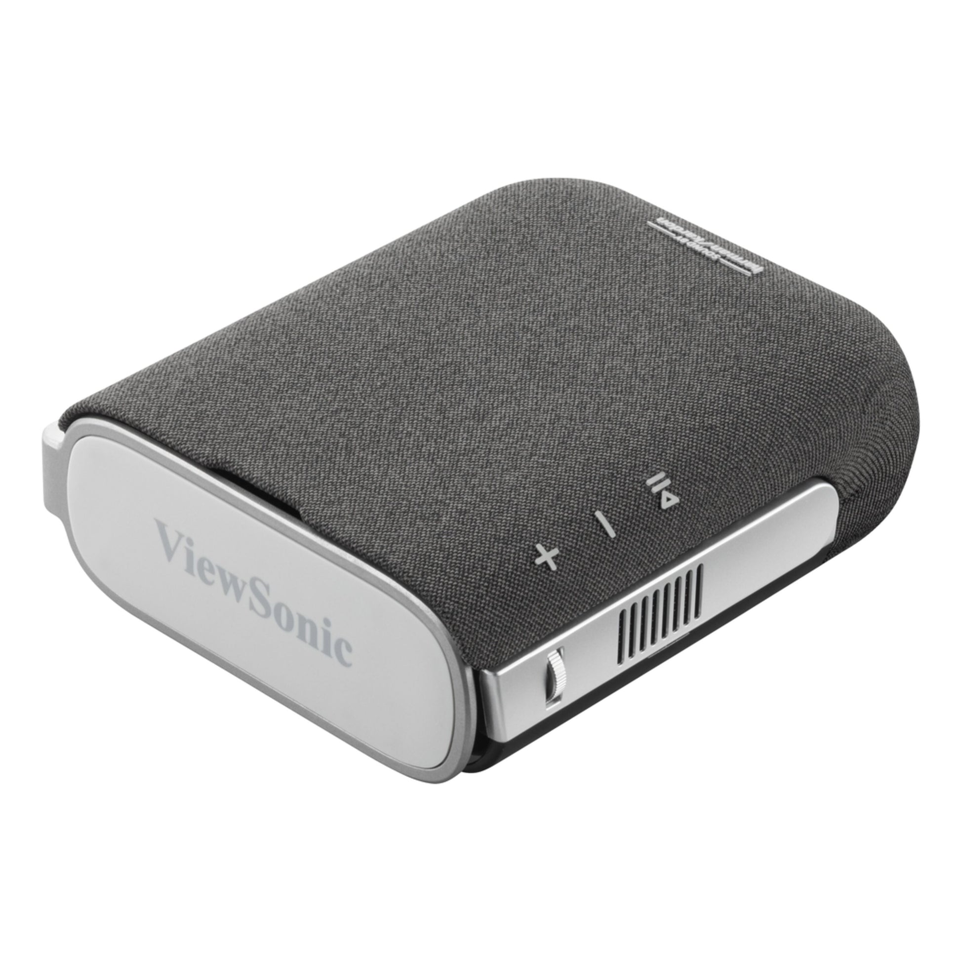 ViewSonic M1XG bærbar projektor med Harman Kardon-højttalere, 360° stativ, mørkegrå stof, sølvdetaljer, logo på fronten.