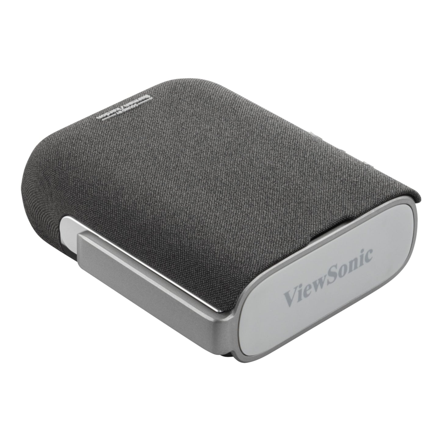 ViewSonic bærbar projektor M1XG kompakt rektangulær, mørkegrå stof, sølvkant, hvid front med logo, indbygget Harman Kardon-højttalere.
