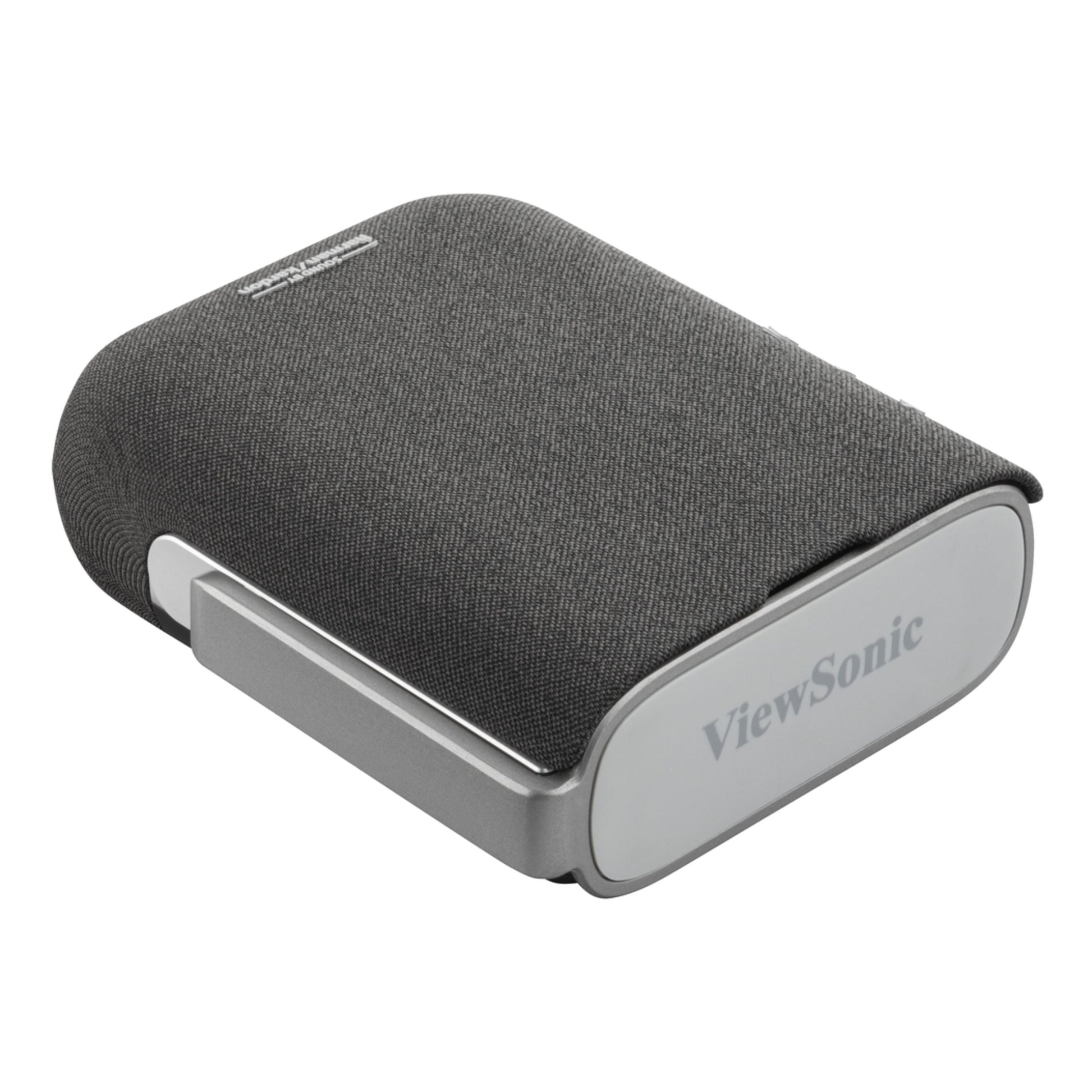 ViewSonic bærbar projektor M1XG kompakt rektangulær, mørkegrå stof, sølvkant, hvid front med logo, indbygget Harman Kardon-højttalere.