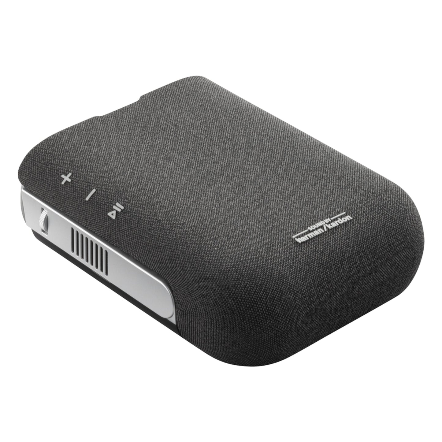 ViewSonic M1XG sort bærbar projektor med Harman Kardon-højttalere, stofcover, sideknapper til lyd og afspilning.