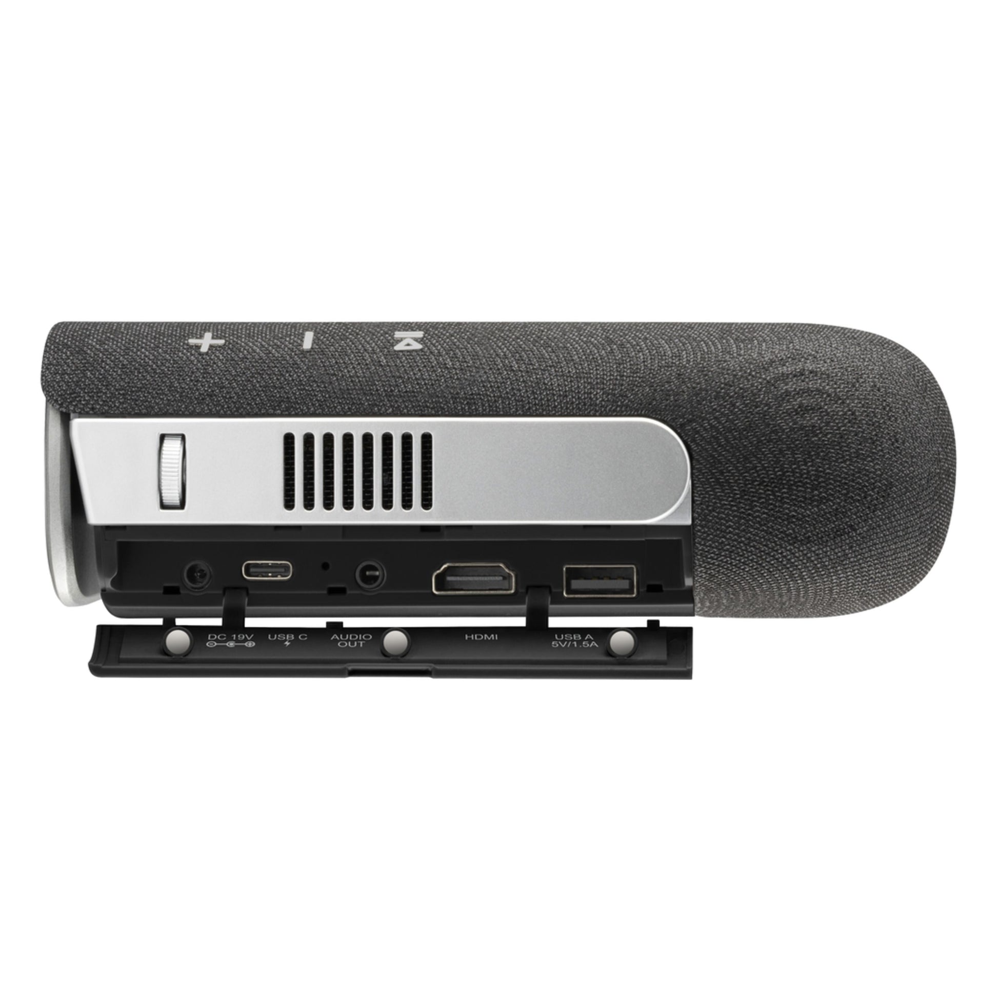 Viewsonic M1XG bærbar projektor med Harman Kardon-højttalere, stofbeklædning, USB, microSD, HDMI og lydporte.