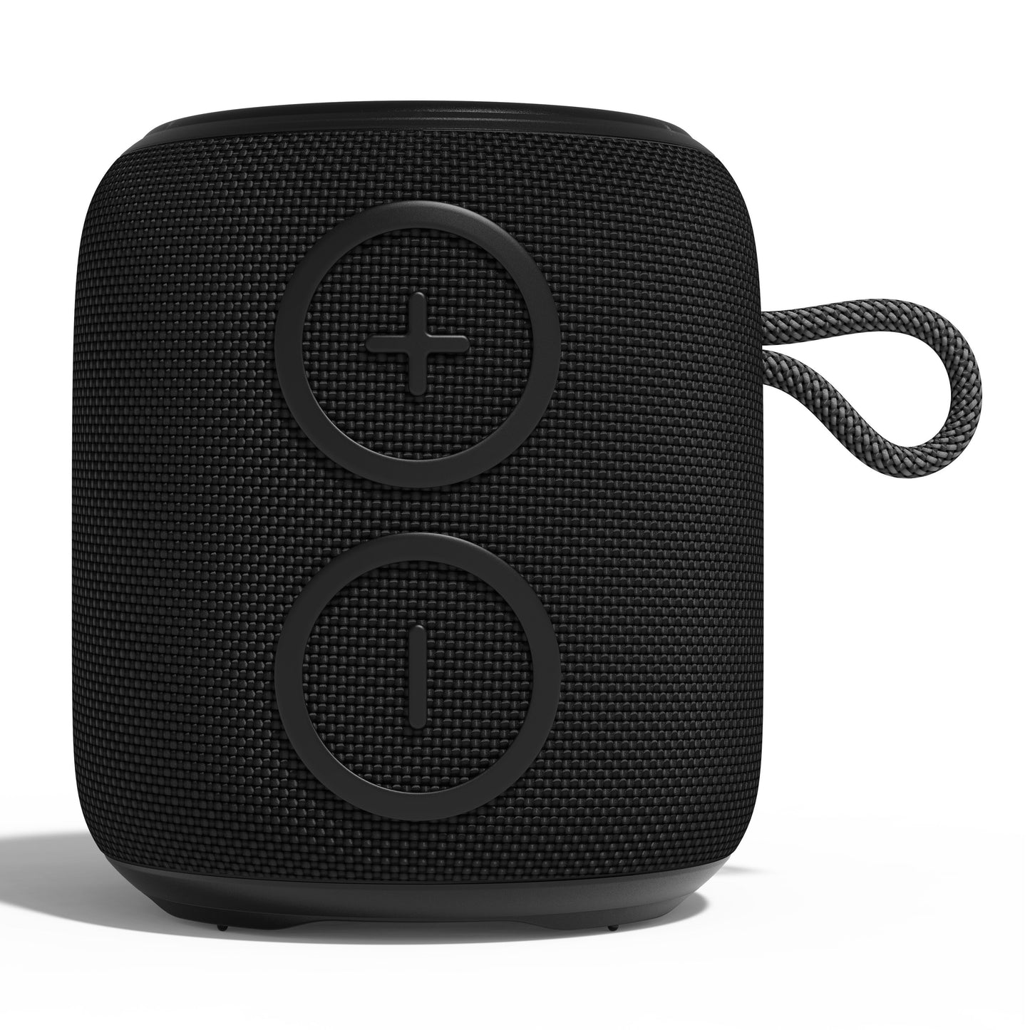 Nomadelic Loud 705 vandtæt Bluetooth-højttaler sort med tekstureret overflade, store +/- knapper, bærerem, IPX7, Bluetooth 5.0.