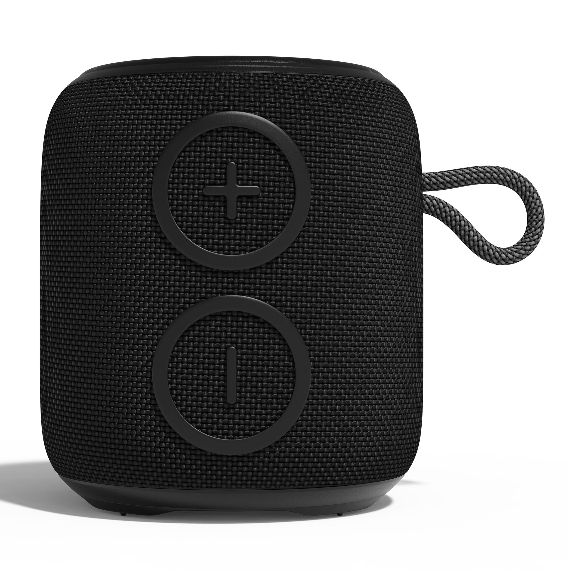 Nomadelic Loud 705 vandtæt Bluetooth-højttaler sort med tekstureret overflade, store +/- knapper, bærerem, IPX7, Bluetooth 5.0.