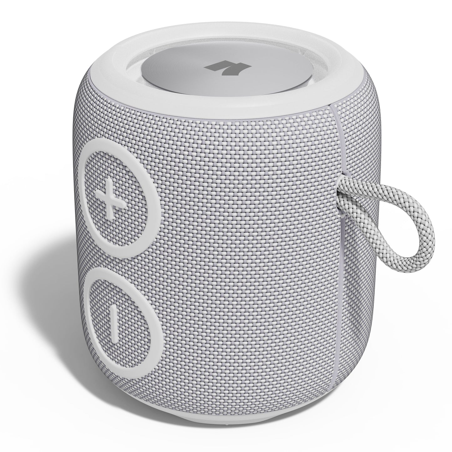 Nomadelic Loud 705 vandtæt Bluetooth-højttaler grå, kompakt cylinder i lysegråt stof, store volumeknapper, sideloop.