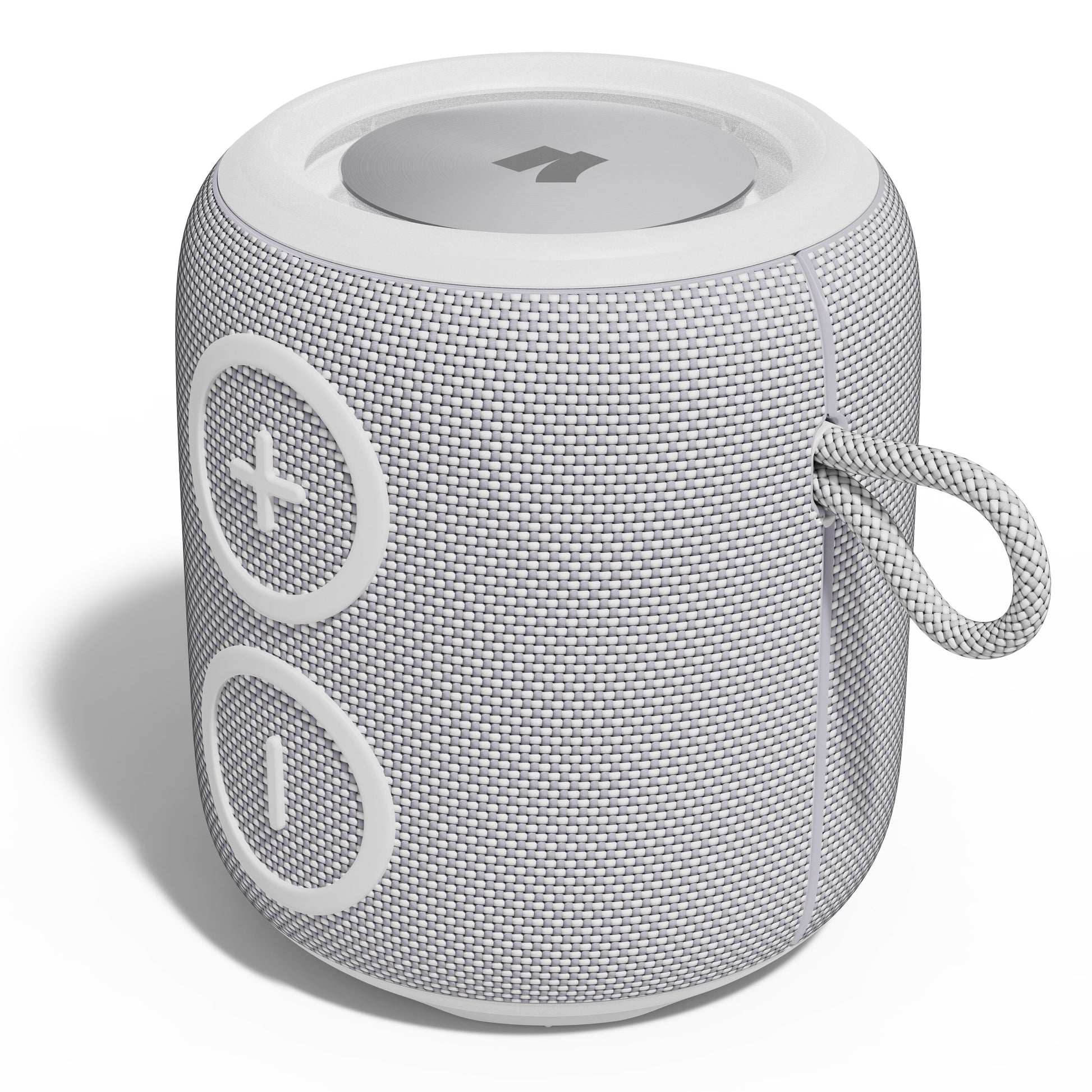 Nomadelic Loud 705 vandtæt Bluetooth-højttaler grå, kompakt cylinder i lysegråt stof, store volumeknapper, sideloop.